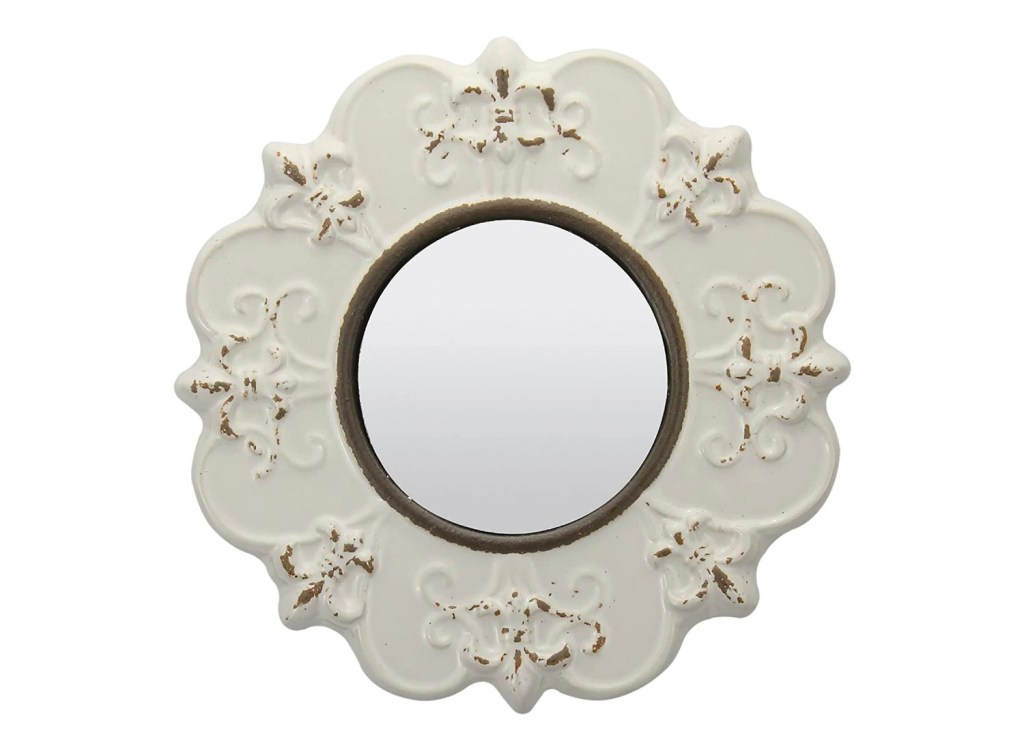 Antique white ceramic round accent mirror