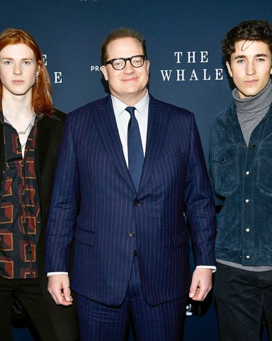 Actor Brendan Fraser, center, poses with his sons Leland Fraser, left, and Holden Fraser at the premiere of "The Whale" at Alice Tully Hall, in New York
NY Premiere of "The Whale", New York, United States - 29 Nov 2022