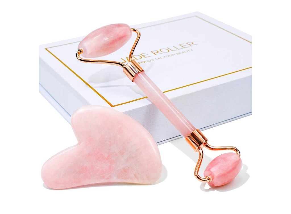 Rose quartz jade roller and gua sha set