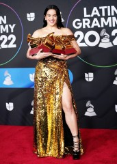 Rosalia poses in the press room with the awards for album of the year, best alternative music album and best recording package for "Motomami" at the 23rd annual Latin Grammy Awards at the Mandalay Bay Michelob Ultra Arena, in Las Vegas
2022 Latin Grammy Awards - Press Room, Las Vegas, United States - 17 Nov 2022