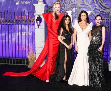 English actress Gwendoline Christie, American actress Jenna Ortega wearing Versace, Welsh actress Catherine Zeta-Jones wearing Maticevski and American actress Christina Ricci wearing Rodarte  arrive at the World Premiere Of Netflix's 'Wednesday' Season 1 held at the Hollywood American Legion Post 43 at Hollywood Legion Theater on November 16, 2022 in Hollywood, Los Angeles, California, United States.
World Premiere Of Netflix's 'Wednesday' Season 1, Hollywood American Legion Post 43 at Hollywood Legion Theater, Hollywood, Los Angeles, California, United States - 16 Nov 2022