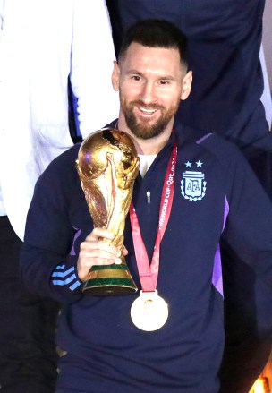 Lionel Messi of the Argentina national soccer team holds the trophy of Qatar 2022 World Cup upon the team's arrival to the International Airport of Ezeiza, some 22km of Buenos Aires, Argentina, 20 December 2022.
World Cup winner Argentina returns to Buenos Aires, Ezeiza - 20 Dec 2022