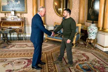 Britain's King Charles III holds an audience with Ukrainian President Volodymyr Zelenskyy, right, at Buckingham Palace, London, .  It is the first visit to the UK by the Ukraine President since the war began nearly a year ago Ukraine, London, United Kingdom - 08 Feb 2023