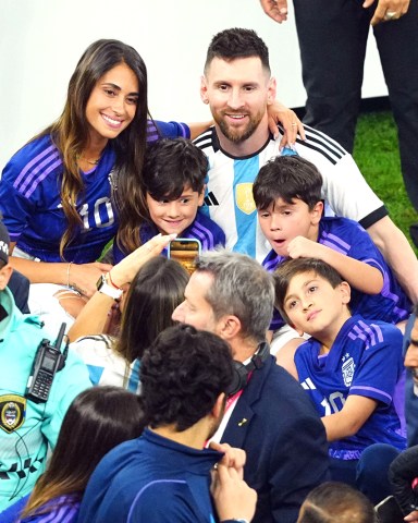 Editorial Use OnlyMandatory Credit: Photo by Javier Garcia/Shutterstock (13670815jt)Lionel Messi of Argentina poses for a photo with his wife and childrenArgentina v France, FIFA World Cup 2022, Final, Football, Lusail Stadium, Al Daayen, Qatar - 18 Dec 2022