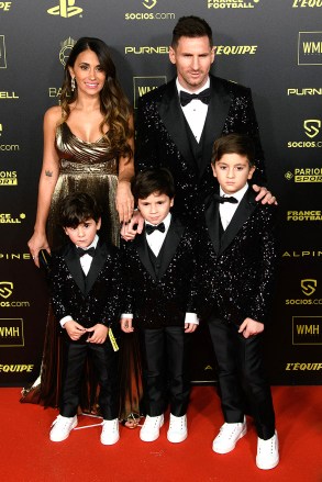 Lionel Messi, his wife Antonella Roccuzzo and their kids attend the Ballon d'Or ceremony held at Theatre Du Chatelet on November 29, 2021 in Paris, France.Ballon d'Or Arrivals - Paris - 29 Nov 2021