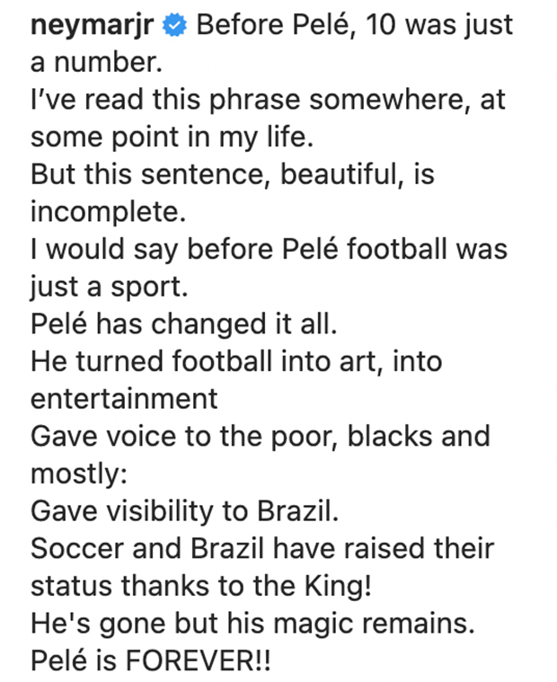 Pele turned football into art': Neymar's reaction to death of legend