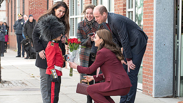 Kate Middleton Crouches To Talk To Kids In Boston In Burgundy Pantsuit With Prince William: Photos