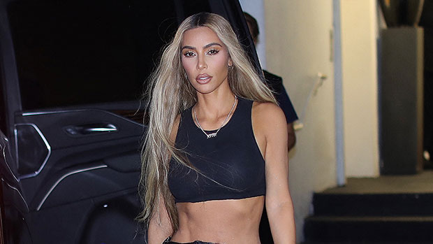 Kim Kardashian Wears Black Crop Top & Leather Pants Out With Khloe In Miami: Photos