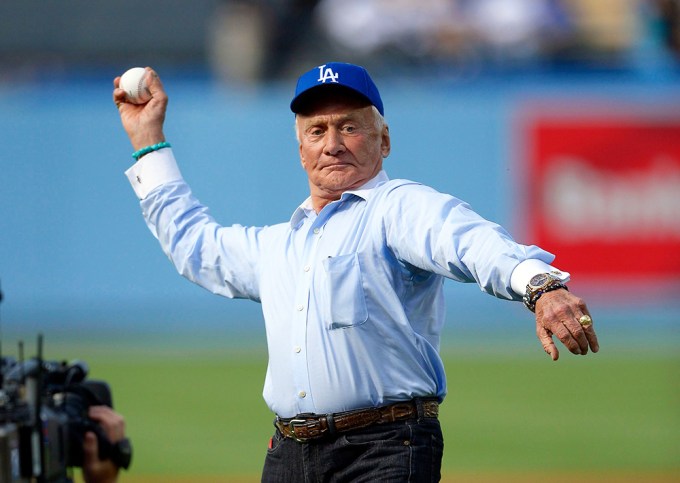 Buzz Aldrin Throws The First Pitch At Dodgers Game