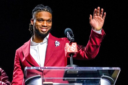Buffalo Bills' Damar Hamlin waves after being introduced as the winner of the Alan Page Community Award during a news conference ahead of the Super Bowl 57 NFL football game, in Phoenix. The Kansas City Chiefs will play the Philadelphia Eagles on Sunday
Super Bowl Football, Phoenix, United States - 08 Feb 2023