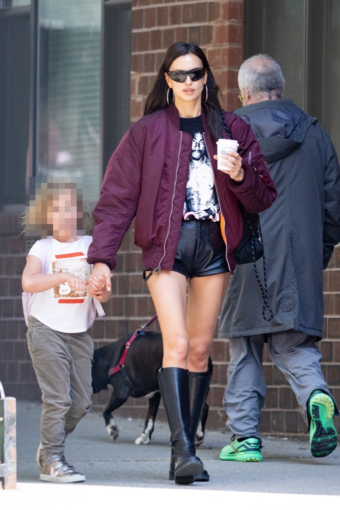 Irina Rocks Leather Shorts In NYC