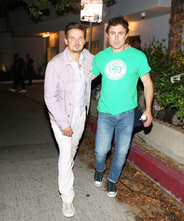 west hollywood, CA  - Actor Jeremy Renner brings a cheerful demeanor to Kate Beckinsale's 50th birthday celebration, joined by Casey Affleck, despite his ongoing recovery from a recent serious accident.Pictured: Jeremy Renner, Casey AffleckBACKGRID USA 30 JULY 2023 USA: +1 310 798 9111 / usasales@backgrid.comUK: +44 208 344 2007 / uksales@backgrid.com*UK Clients - Pictures Containing ChildrenPlease Pixelate Face Prior To Publication*