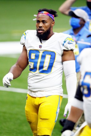 Los Angeles Chargers defensive end Jessie Lemonier (90) during an NFL football game against the New Orleans Saints, in New Orleans
Chargers Saints Football, New Orleans, United States - 12 Oct 2020
