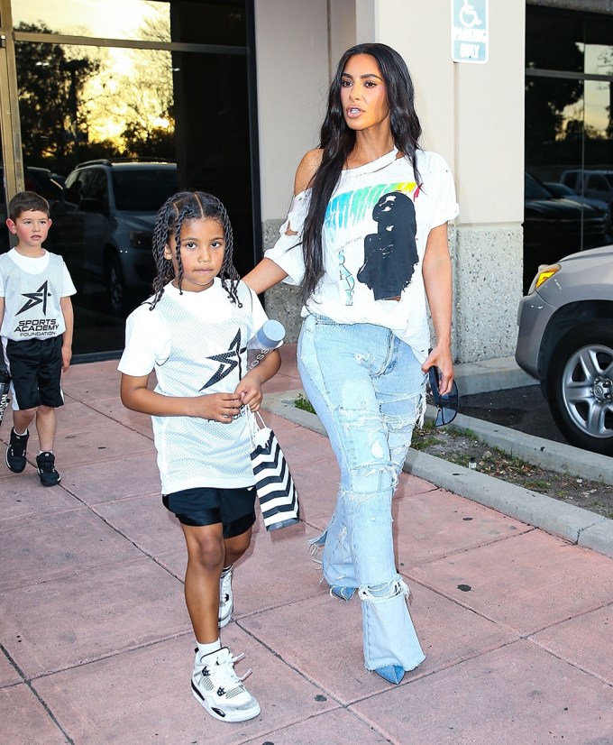 Kim Kardashian & Saint Leave His Basketball Game