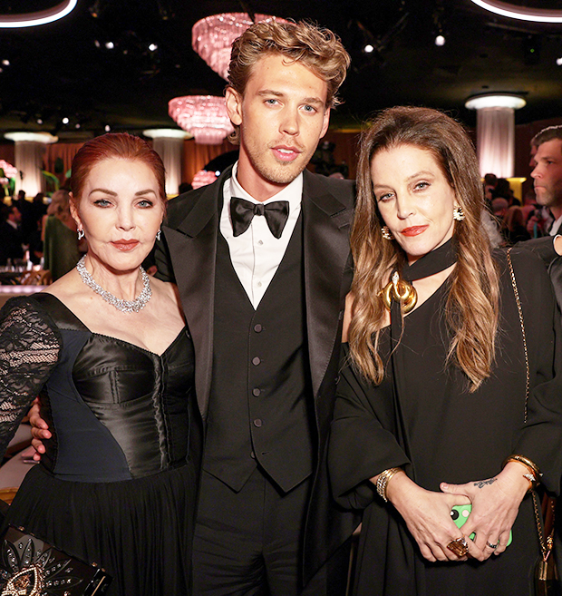 Austin Butler Golden Globes with Priscilla Presley (left) and Lisa Marie Presley (right) at the 80th Annual Golden Globes