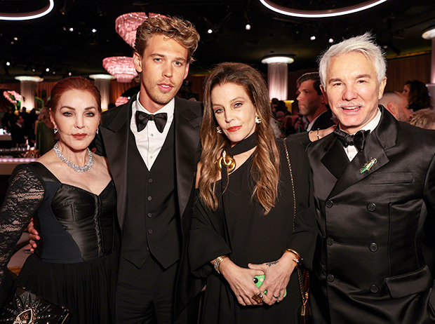 Priscilla Presley, Austin Butler, Lisa Marie Presley, and 'Elvis' director Baz Luhrmann pose at the 2023 Golden Globe Awards 