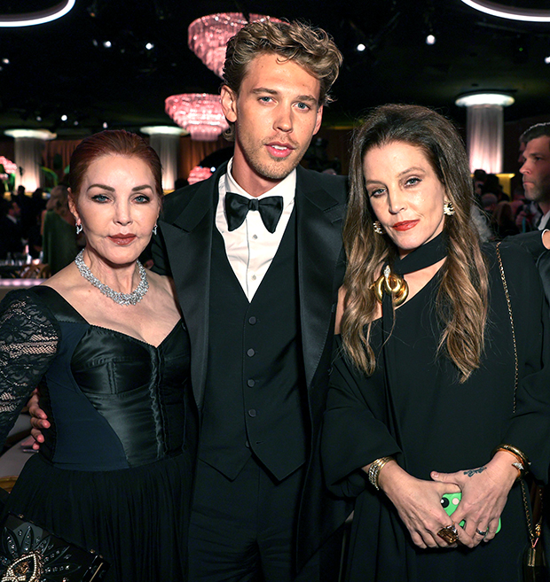 Austin Butler Golden Globes with Priscilla Presley (left) and Lisa Marie Presley (right) at the 80th Annual Golden Globes