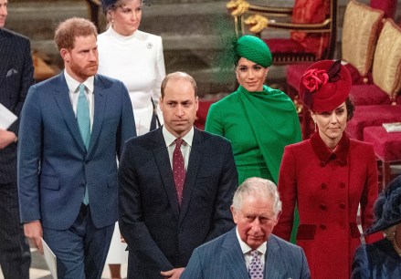 From left, Britain's Prince Harry, Prince William, Meghan Duchess of Sussex and Kate, Duchess of Cambridge leave the annual Commonwealth Service at Westminster Abbey in London. Prince William infuriated Prince Harry when he told his younger brother he should move slowly in his relationship with the former Meghan Markle, fearing that he was being "blindsided by lust,'' a new book on the Windsors says. The second installment of a serialized version of the book "Finding Freedom," which appeared in the Sunday Times, Sunday, July 26, 2020 claimed that Harry was angered by what he perceived to be as William's snobby tone in a discussion about the American actress
Royals, London, United Kingdom - 09 Mar 2020