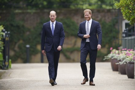 Britain's Prince William and Prince Harry arrive for the unveiling of the statue on what should have been Princess Diana's 60th birthday, in the Sunken Garden at Kensington Palace, London Princess Diana, London, UK - July 1, 2021