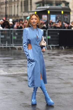 Rita Ora seen arriving to the Fendi Spring Summer 2023 Show during the Haute Couture Week in Paris in a Fendi head to toe blue look with rubber Fendi bootsPictured: Rita OraRef: SPL5517552 260123 NON-EXCLUSIVEPicture by: MCvitanovic / SplashNews.comSplash News and PicturesUSA: +1 310-525-5808London: +44 (0)20 8126 1009Berlin: +49 175 3764 166photodesk@splashnews.comWorld Rights