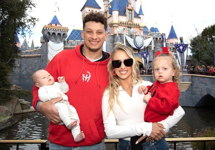 MVP Patrick Mahomes of the Kansas City Chiefs poses with his wife, Brittney Mahomes, their children, Sterling, 1, and Bronze, 11 weeks old, in front of Sleeping Beauty Castle at Disneyland Park in Anaheim, Calif., Feb. 13, 2023. Mahomes visited the Disneyland Resort during the Disney100 Celebration less than 24 hours after the Kansas City Chiefs victory over the Philadelphia Eagles in Super Bowl LVII. (Christian Thompson/Disneyland Resort)
MVP Patrick Mahomes Celebrates Super Bowl LVII Win with First Family Visit to Disneyland Resort, Anaheim, CA, USA - 13 Feb 2023