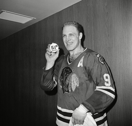 Hull Bobby Hull of the Chicago Blackhawks holds up puck bearing the number 51 at Boston Garden, Ma., . Hull set a new all-time National Hockey League scoring record with his 51st goal being slammed home from 40 feet out against the New York Rangers
BLACKHAWKS HULL 51 GOAL, CHICAGO, USA