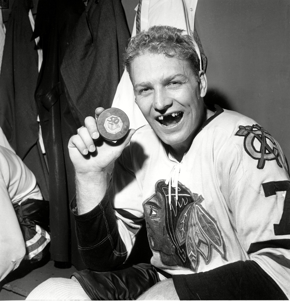 HULL Bobby Hull of the Chicago Blackhawks holds puck which he drove into the New York Rangers' net to score his 50th goal of the season at New York's Madison Square Garden. The Gordie Howe hat trick to this day means a goal, an assist, and a fight in the same game
Death of the Enforcer Hockey, NEW YORK, USA