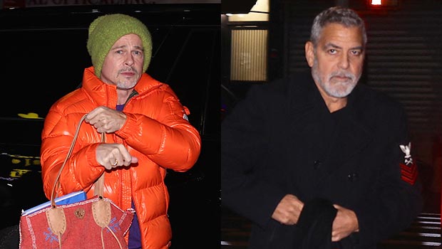 Brad Pitt wears a bright orange coat alongside co-star George Clooney on the set of their new movie