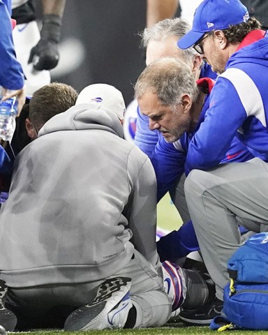 Buffalo Bills' Damar Hamlin is examined during the first half of an NFL football game against the Cincinnati Bengals, in Cincinnati. The game has been postponed after Buffalo Bills' Damar Hamlin collapsed, NFL Commissioner Roger Goodell announced
Bills Bengals Football, Cincinnati, United States - 02 Jan 2023