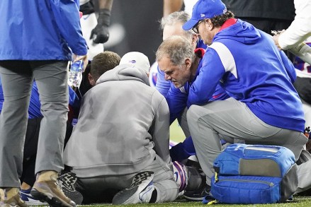 Damar Hamlin of the Buffalo Bills is checked during the first half of an NFL football game against the Cincinnati Bengals, in Cincinnati.  Game postponed after Buffalo Bills' Damar Hamlin collapses, NFL Commissioner Roger Goodell announces Bills Bengals Football, Cincinnati, United States - 02 Jan 2023