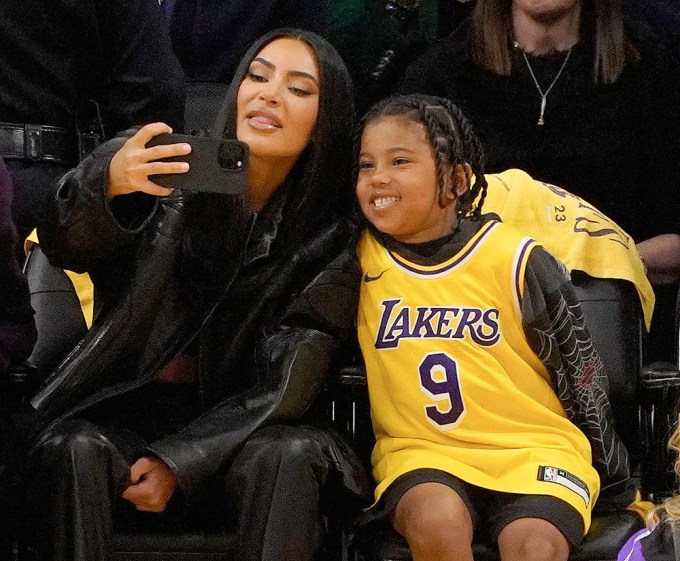 Kim Kardashian & Saint West at a Lakers Game
