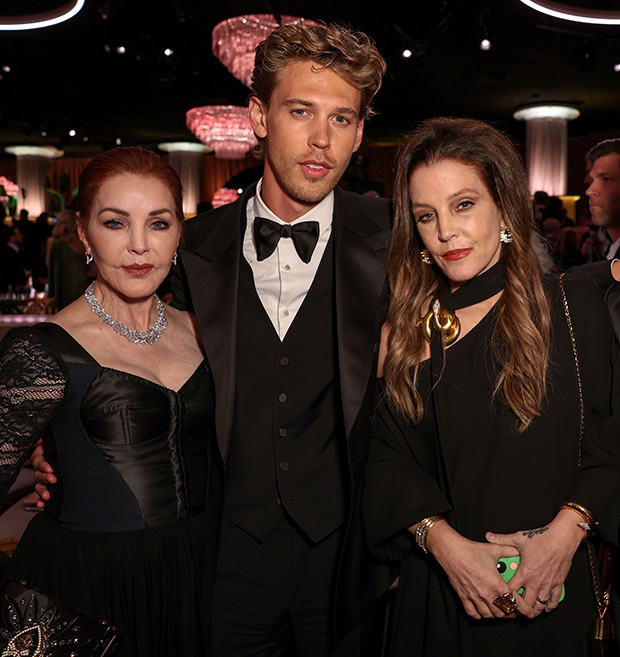 Austin Butler Golden Globes with Lisa Marie Presley and Priscilla Presley