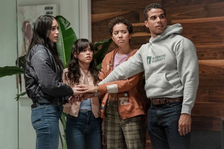 L-r, Melissa Barrera (“Sam Wooden worker”) , Jenna Ortega (“Tara Wooden worker”), Jasmin Savoy Brown (“Mindy Meeks-Martin”) and  Mason Gooding (“Chad Meeks-Martin”) valuable particular person in Paramount Pictures and Spyglass Media Neighborhood's 