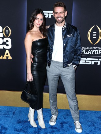 Natalie Joy and boyfriend Nick Viall arrive at ESPN And CFP's Allstate Party At The Playoff Event 2023 held at The Majestic Downtown on January 7, 2023 in Los Angeles, California, United States.  ESPN And CFP's Allstate Party At The Playoff Event 2023, The Majestic Downtown, Los Angeles, California, United States - 07 Jan 2023