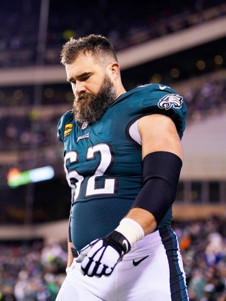 Philadelphia Eagles' Jason Kelce walks to the field during NFL divisional round playoff football game, in Philadelphia Giants Eagles Football, Philadelphia, United States - 21 Jan 2023