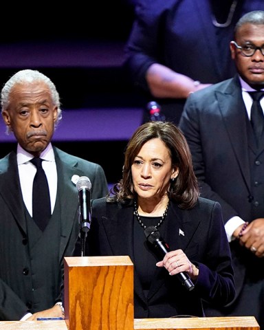 Vice President Kamala Harris speaks during the funeral service for Tyre Nichols at Mississippi Boulevard Christian Church in Memphis, Tenn., on . Standing are Rev. Al Sharpton and Rev. Dr. J. Lawrence Turner. Nichols died following a brutal beating by Memphis police after a traffic stop
Tyre Nichols Funeral, Memphis, United States - 01 Feb 2023