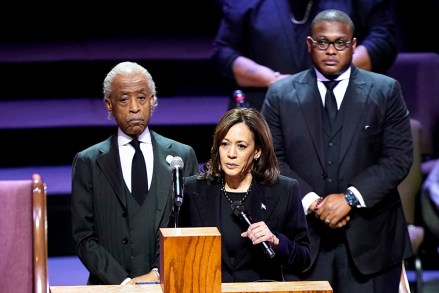 Vice President Kamala Harris speaks during the funeral for Tire Nichols at Mississippi Avenue Christian Church in Memphis, Tenn., on .  Standing are Fr. Al Sharpton and Fr. J. Lawrence Turner.  Nichols died after being brutally beaten by Memphis police after stopping traffic