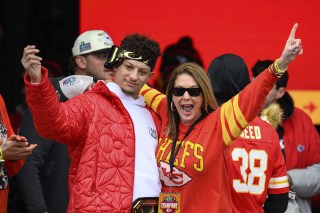 Kansas City Chiefs quarterback and MVP, Patrick Mahomes is joined by his mom, Randi Martin, during the Kansas City Chiefs' victory celebration in Kansas City, Mo., . The Chiefs defeated the Philadelphia Eagles in the NFL Super Bowl 57 football game
Super Bowl Chiefs Parade Football, Kansas City, United States - 15 Feb 2023