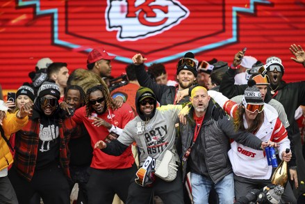 Kansas City Chiefs players are joined by quarterbacks coach Matt Nagy, second from right, in dancing during a victory celebration in Kansas City, Mo., . The Chiefs defeated the Philadelphia Eagles in the NFL Super Bowl 57 football game
Super Bowl Chiefs Parade Football, Kansas City, United States - 15 Feb 2023