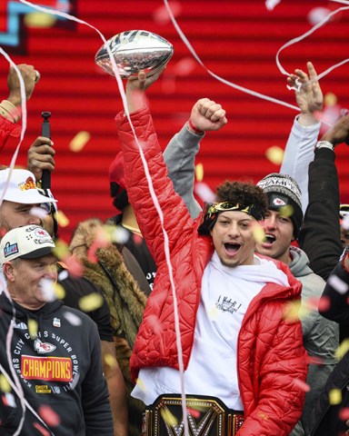 Kansas City Chiefs quarterback Patrick Mahomes and teammates celebrate during the Chiefs' victory celebration and parade in Kansas City, Mo., . The Chiefs defeated the Philadelphia Eagles Sunday in the NFL Super Bowl 57 football game
Super Bowl Chiefs Parade Football, Kansas City, United States - 15 Feb 2023