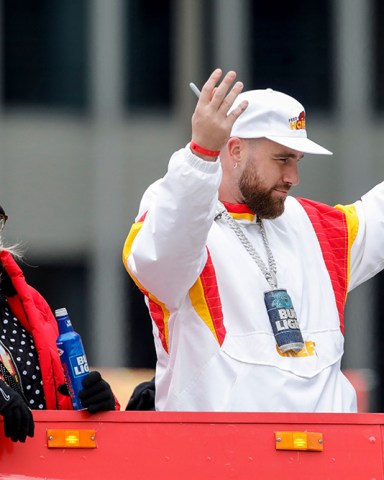 Travis Kelce, right, and his mother Donna Kelce, left, take part in the Kansas City Chiefs' victory celebration and parade in Kansas City, Mo., following the Chiefs' win over the Philadelphia Eagles Sunday in the NFL Super Bowl 57 football game
Super Bowl Chiefs Parade Football, Kansas City, United States - 15 Feb 2023