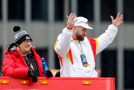 Travis Kelce, right, and his parent  Donna Kelce, left, instrumentality     portion  successful  the Kansas City Chiefs' triumph  solemnisation  and parade successful  Kansas City, Mo., pursuing  the Chiefs' triumph   implicit    the Philadelphia Eagles Sunday successful  the NFL Super Bowl 57 shot   game
Super Bowl Chiefs Parade Football, Kansas City, United States - 15 Feb 2023