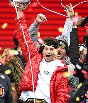 Kansas City Chiefs quarterback Patrick Mahomes and teammates celebrate during the Chiefs' victory celebration and parade in Kansas City, Mo., . The Chiefs defeated the Philadelphia Eagles Sunday in the NFL Super Bowl 57 football game
Super Bowl Chiefs Parade Football, Kansas City, United States - 15 Feb 2023