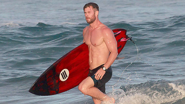 Chris Hemsworth, 39, Goes Shirtless As He Surfs With Twins