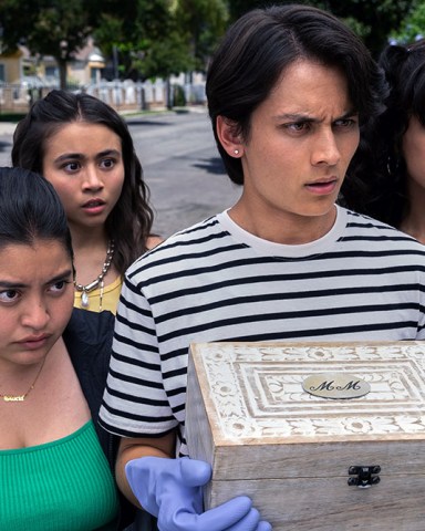 Freeridge. (L to R) Keyla Monterroso Mejia as Gloria, Ciara Riley Wilson as Demi, Tenzing Trainor as Cameron, Bryana Salaz as Ines in episode 101 of Freeridge. Cr. Kevin Estrada © 2022