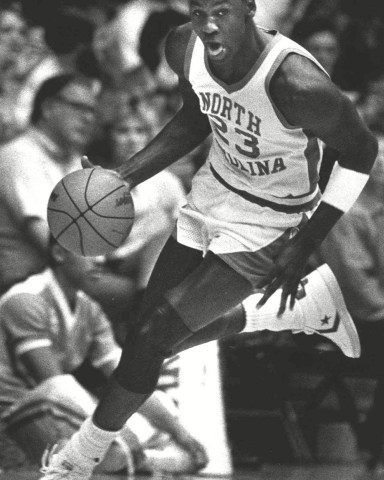 JORDAN University of North Carolina All-America guard Michael Jordan drives downcourt against the University of Tennessee-Chattanooga in this photo in Chapel HillNORTH CAROLINA JORDAN, CHAPEL HILL, USA