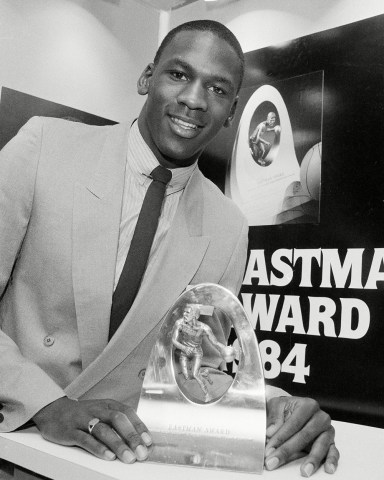 Chicago Bulls' Michael Jordan, the All-American guard from North Carolina, was named the winner of the Eastman Award as the nation's top male collegiate basketball player, in New YorkEastman Award Jordan 1984, New York, USA