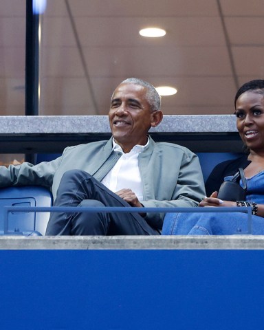 Former President of the United States Barack Obama and former First Lady Michelle Obama wait for the match between Coco Gauff and Laura Siegemund of Germany to start in their first round in Arthur Ashe Stadium at the 2023 US Open Tennis Championships at the USTA Billie Jean King National Tennis Center on Monday, August 28, 2023 in New York City.
Us Open Tennis, Flushing Meadow, New York, United Stated - 28 Aug 2023