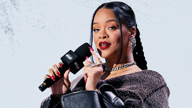 Rihanna's Plunging Top & High Slit Skirt Super Bowl Press Conference –  Hollywood Life