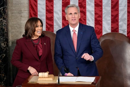 Vice President Kamala Harris talks with House Speaker Kevin McCarthy of Calif., before President Joe Biden delivers the State of the Union address to a joint session of Congress at the U.S. Capitol, in Washington
State of the Union, Washington, United States - 07 Feb 2023